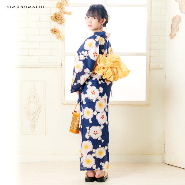 浴衣 レディース 浴衣と帯の2点セット 「浴衣 紺色 梅＋兵児帯 イエロー」 女性浴衣 兵児帯 ゆかた 京都きもの町オリジナル 【メール便不可】