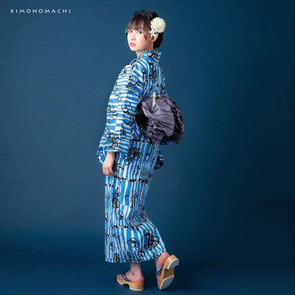浴衣 レディース 浴衣と帯の2点セット 「浴衣 ブルー レトロフラワー+兵児帯 スレートグレー」 女性浴衣 兵児帯 ゆかた 京都きもの町オリジナル 【メール便不可】