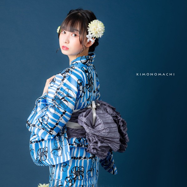 浴衣 レディース 浴衣と帯の2点セット 「浴衣 ブルー レトロフラワー+兵児帯 スレートグレー」 女性浴衣 兵児帯 ゆかた 京都きもの町オリジナル 【メール便不可】