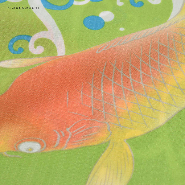 KIMONOMACHI オリジナル 浴衣 2点セット (浴衣＋しわ兵児帯)「もえぎ色 鯉」吸汗速乾ポリエステル浴衣と帯のセット サイズS/F/TL/LL レトロモダン 花火大会 夏祭り 女性浴衣 女性ゆかた 夏着物【メール便不可】