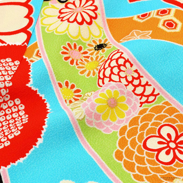 七五三 7歳 四つ身着物 単品「水色 蔓帯に花紋」女の子 7才 女児用 子供着物 七才のお祝い着向け【メール便不可】