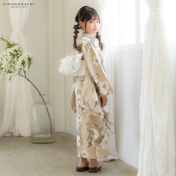 浴衣 子供 女の子 子供浴衣セット（浴衣＋帯） 浴衣2点セット「ベージュ　アネモネ」110cm/120cm/130cm/140cm/150cm こども 子ども キッズ ジュニア ゆかた 花火大会 夏祭り 夕涼み yukata set【メール便不可】