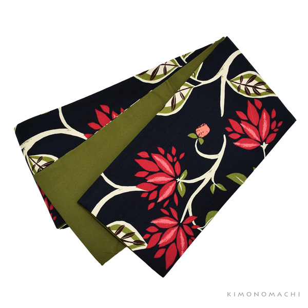 木綿半幅帯「ネイビーブラック モダンフラワー」日本製 KIMONOMACHI オリジナル 木綿帯 半巾帯 コットン細帯 コットン帯 仕立て上がり帯 カジュアル 洒落帯<H>【メール便不可】