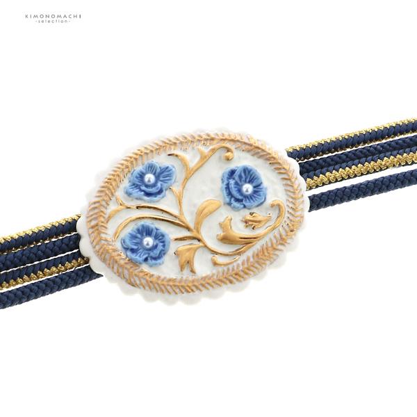 帯留め 単品 和風館「白×青　フラワー」日本製 マヨルカ柄 帯飾り 和装小物 浴衣 着物 カジュアル 成人式 振袖【メール便不可】
