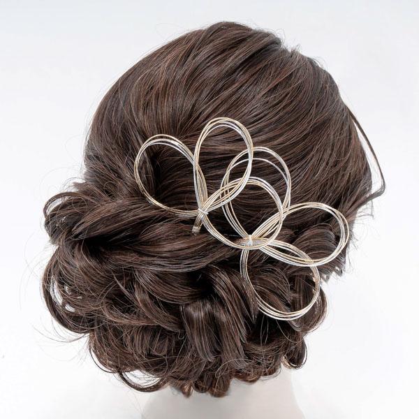 水引き 髪飾り 2点セット「水引輪飾り、三つ葉　金銀」日本製 Uピン髪飾り 成人式、卒業式に ヘアアレンジ ポイント髪飾り【メール便不可】