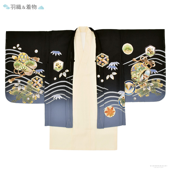 七五三 着物 男の子 5歳 羽織袴セット「黒　兜に波、笹」フルセット 5歳向け 5才 五歳 男児用 着物セット 子供着物 五才のお祝い着【メール便不可】