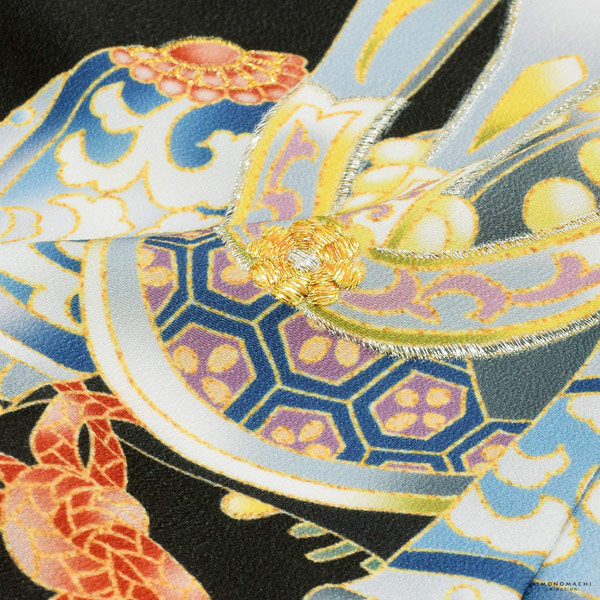 七五三 着物 男の子 5歳 羽織袴セット「黒　兜に波、笹」フルセット 5歳向け 5才 五歳 男児用 着物セット 子供着物 五才のお祝い着【メール便不可】