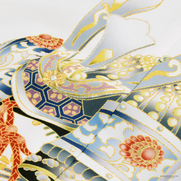 七五三 着物 男の子 5歳 羽織袴セット「白　兜に波、笹」フルセット 5歳向け 5才 五歳 男児用 着物セット 子供着物 五才のお祝い着【メール便不可】