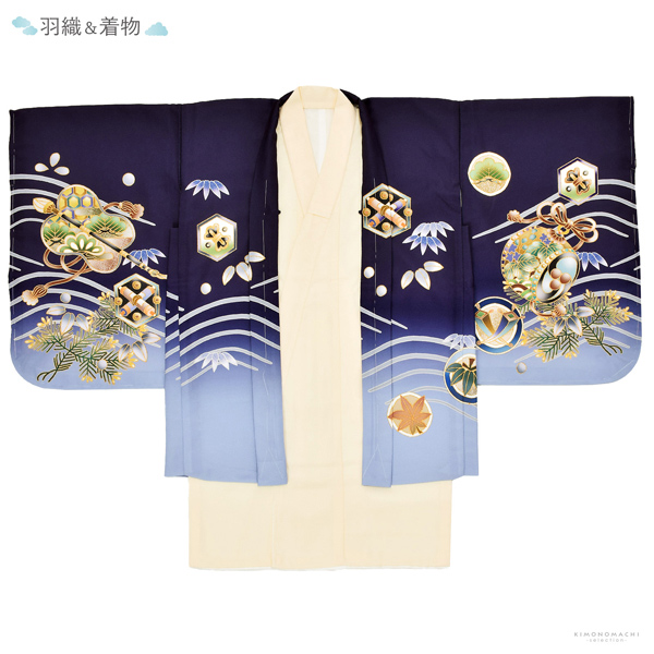 七五三 着物 男の子 5歳 羽織袴セット「紫苑色　鷹に波、笹」フルセット 5歳向け 5才 五歳 男児用 着物セット 子供着物 五才のお祝い着【メール便不可】