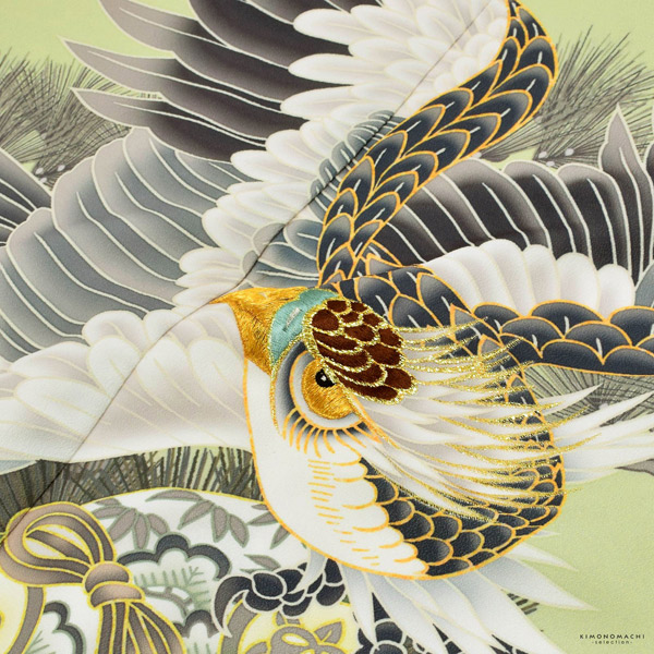 七五三 着物 男の子 5歳 羽織袴セット「若葉色　鷹に松」フルセット 5歳向け 5才 五歳 男児用 着物セット 子供着物 五才のお祝い着【メール便不可】