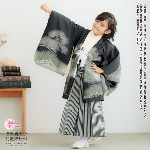 七五三 着物 男の子 5歳 羽織袴セット「黒　鷹に松」フルセット 5歳向け 5才 五歳 男児用 着物セット 子供着物 五才のお祝い着【メール便不可】