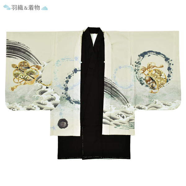 七五三 着物 男の子 5歳 羽織袴セット「砂色　波に帆船」フルセット 5歳向け 5才 五歳 男児用 着物セット 子供着物 五才のお祝い着【メール便不可】