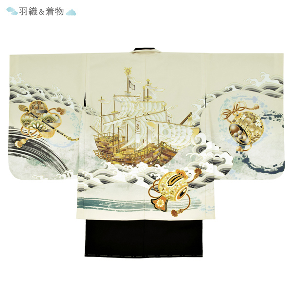 七五三 着物 男の子 5歳 羽織袴セット「砂色　波に帆船」フルセット 5歳向け 5才 五歳 男児用 着物セット 子供着物 五才のお祝い着【メール便不可】