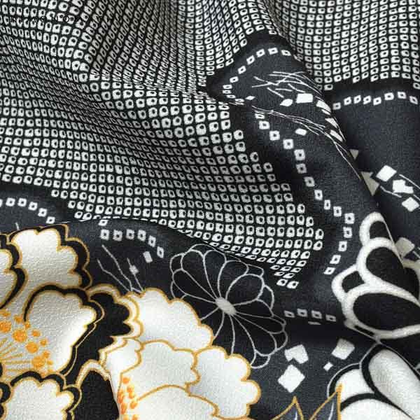 二尺袖着物 単品「墨黒 菊牡丹に疋田」お仕立て上がり レディース 洗える着物 二尺袖 着物 袴に合わせて 卒業式 謝恩会に【メール便不可】