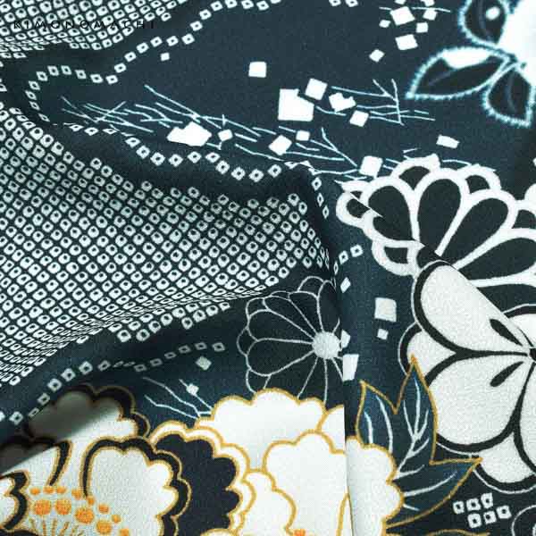 二尺袖着物 単品「藍色 菊牡丹に疋田」お仕立て上がり レディース 洗える着物 二尺袖 着物 袴に合わせて 卒業式 謝恩会に【メール便不可】