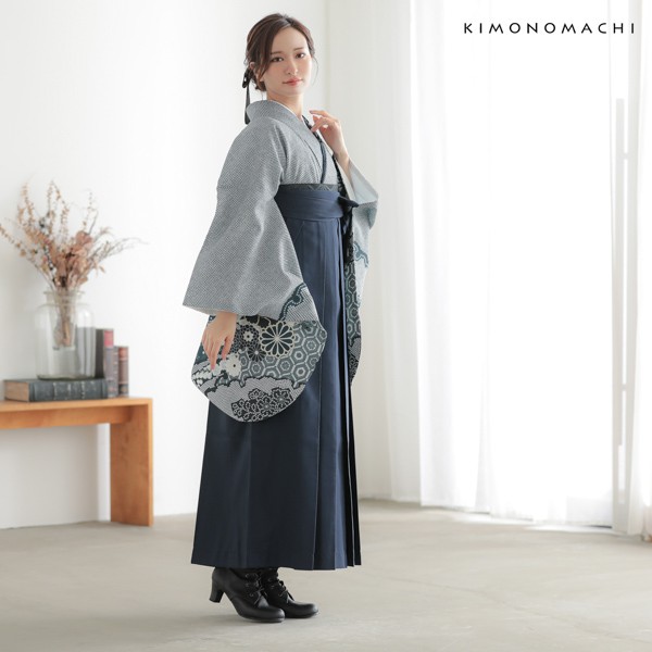 二尺袖着物 単品「藍色 菊牡丹に疋田」お仕立て上がり レディース 洗える着物 二尺袖 着物 袴に合わせて 卒業式 謝恩会に【メール便不可】