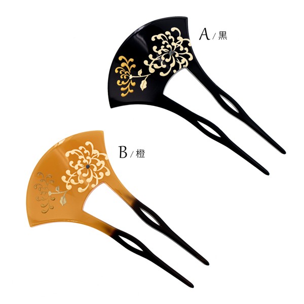 銀杏型かんざし 単品「糸菊 黒・橙」日本製 髪飾り バチ型 フォーマル 訪問着 留袖 向け 蒔絵 手描き 蒔絵かんざし【メール便不可】