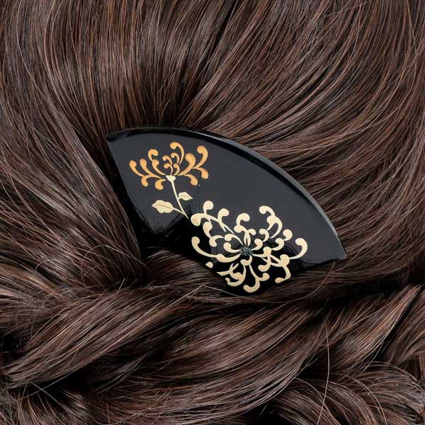 銀杏型かんざし 単品「糸菊 黒・橙」日本製 髪飾り バチ型 フォーマル 訪問着 留袖 向け 蒔絵 手描き 蒔絵かんざし【メール便不可】