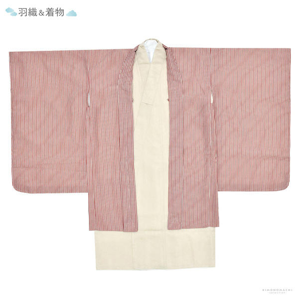 七五三 着物 男の子 5歳 羽織袴セット「赤ストライブ　ベージュ」フルセット 5歳向け 5才 五歳 男児用 着物セット 子供着物 五才のお祝い着【メール便不可】
