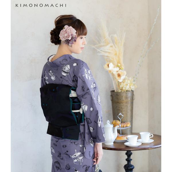 洗える着物 セット「袷着物：アフタヌーンティー　ウィスタリアグレー＋京袋帯：暗闇に黒猫」KIMONOMACHI オリジナル 着物と帯と帯揚げと帯締めの4点セット サイズS/M/L/LL 2023-2024新作