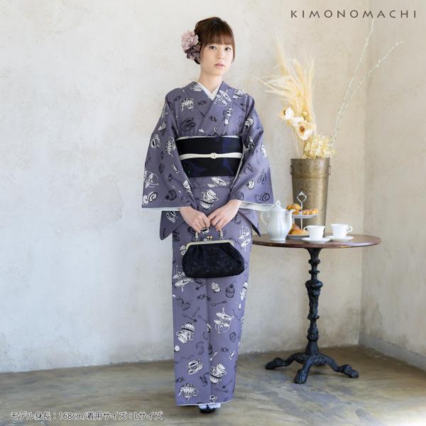 洗える着物 セット「袷着物：アフタヌーンティー　ウィスタリアグレー＋京袋帯：暗闇に黒猫」KIMONOMACHI オリジナル 着物と帯の2点セット サイズS/M/L/LL 2023-2024新作