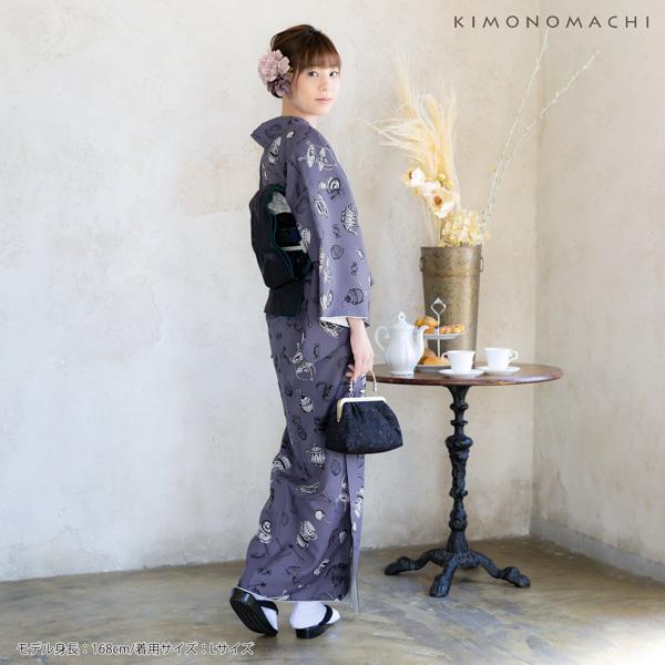 洗える着物 セット「袷着物：アフタヌーンティー　ウィスタリアグレー＋京袋帯：暗闇に黒猫」KIMONOMACHI オリジナル 着物と帯の2点セット サイズS/M/L/LL 2023-2024新作