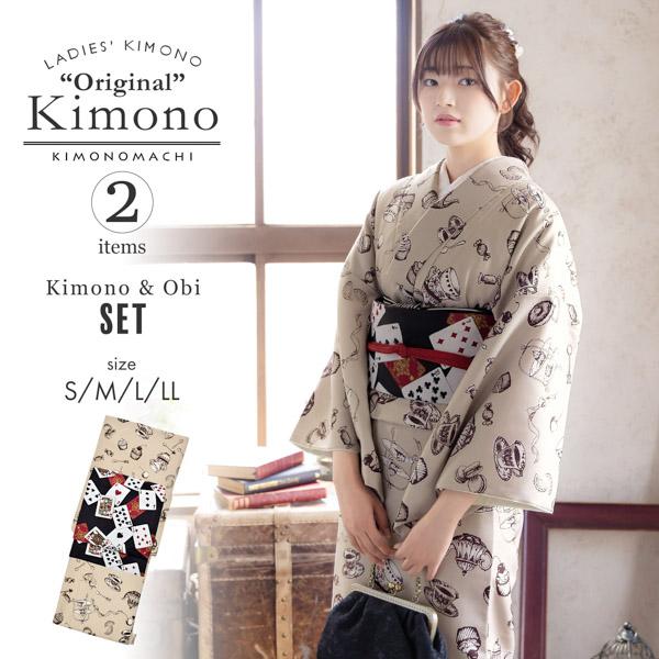 洗える着物 セット「袷着物:アフタヌーンティー ベージュ+京袋帯:黒トランプ」KIMONOMACHI オリジナル 着物と帯の2点セット サイズS/M/L/LL 2023-2024新作