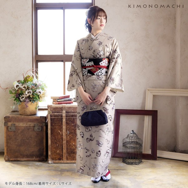 洗える着物 セット「袷着物:アフタヌーンティー ベージュ+京袋帯:黒トランプ」KIMONOMACHI オリジナル 着物と帯の2点セット サイズS/M/L/LL 2023-2024新作