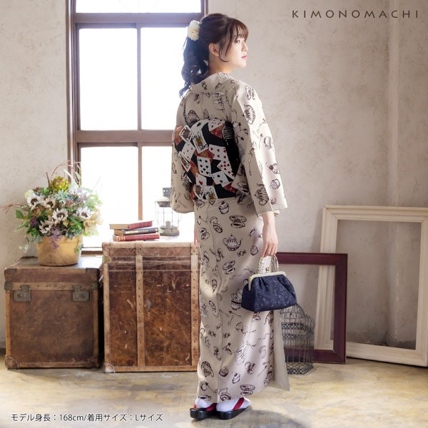 洗える着物 セット「袷着物:アフタヌーンティー ベージュ+京袋帯:黒トランプ」KIMONOMACHI オリジナル 着物と帯の2点セット サイズS/M/L/LL 2023-2024新作