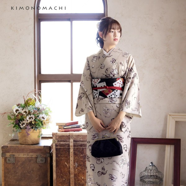 洗える着物 セット「袷着物:アフタヌーンティー ベージュ+京袋帯:黒トランプ」KIMONOMACHI オリジナル 着物と帯の2点セット サイズS/M/L/LL 2023-2024新作