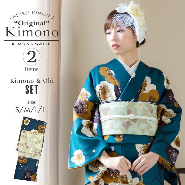 洗える着物 セット「袷着物：梅青緑＋京袋帯：蔓いちご」KIMONOMACHI オリジナル 着物と帯の2点セット サイズS/M/L/LL