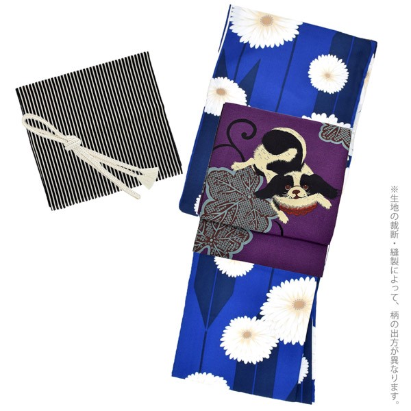 洗える着物 セット「袷着物：矢羽根に菊瑠璃色＋京袋帯：狆」KIMONOMACHI オリジナル 着物と帯と帯揚げと帯締めの4点セット サイズS/M/L/LL
