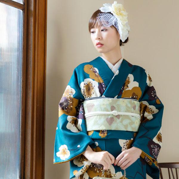 洗える着物 セット「袷着物：梅青緑＋京袋帯：蔓いちご＋羽織：ストライプブーケプラム」KIMONOMACHI オリジナル 着物と帯と羽織と小物の6点セット サイズS/M/L/LL
