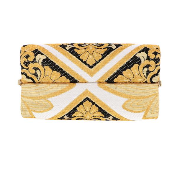 草履バッグセット「白黒×ゴールド　菱に華紋」Fサイズ(M〜Lサイズ相当) 西陣織帯地 正絹 振袖 訪問着 付け下げ 礼装 成人式 結婚式【メール便不可】