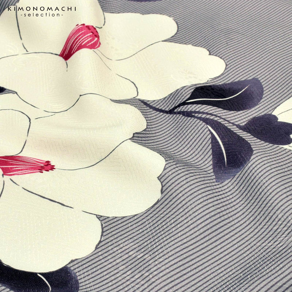 二尺袖着物 単品「縞に椿　グレー」お仕立て上がり レディース 洗える着物 二尺袖 着物 袴に合わせて 卒業式 謝恩会に【メール便不可】