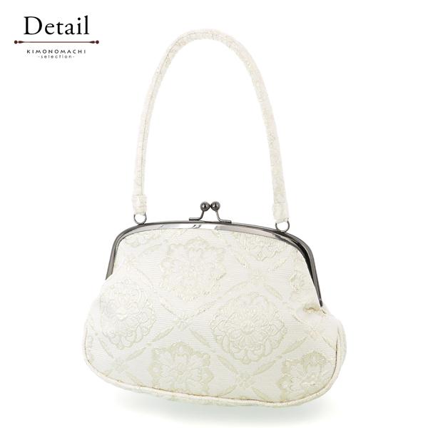 ジャガード織り がま口バッグ 単品「シルバーホワイト 菱格子に花」バッグ ジャガード生地 アンティーク調 カジュアル パーティー お洒落 普段使い 成人式 振袖 着物 和装 和服 卒業式 謝恩会 袴 洋服 和装バッグ カバン かばん 鞄【メール便不可】