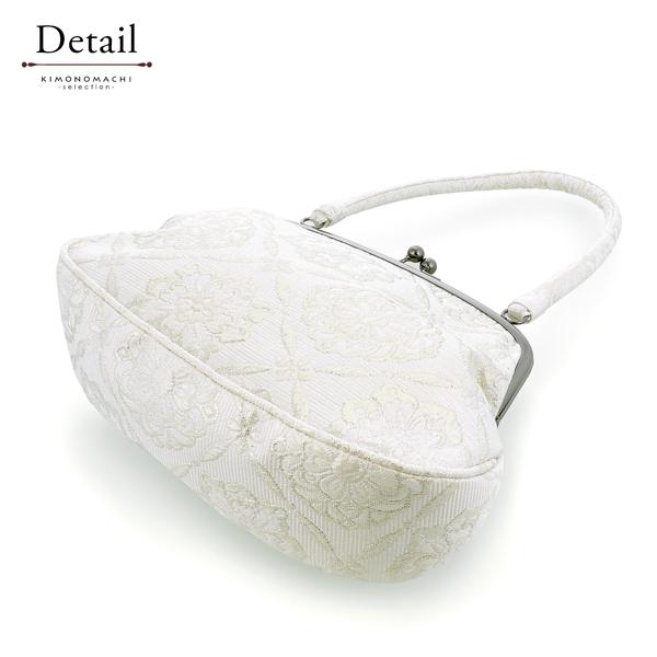 ジャガード織り がま口バッグ 単品「シルバーホワイト 菱格子に花」バッグ ジャガード生地 アンティーク調 カジュアル パーティー お洒落 普段使い 成人式 振袖 着物 和装 和服 卒業式 謝恩会 袴 洋服 和装バッグ カバン かばん 鞄【メール便不可】