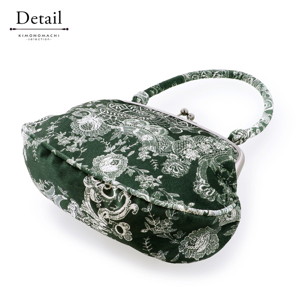 ベロア がま口バッグ 単品「深緑地、白レース模様」バッグ アンティーク調 カジュアル パーティー お洒落 普段使い 成人式 振袖 着物 和装 和服 卒業式 謝恩会 袴 洋服 和装バッグ カバン かばん 鞄【メール便不可】