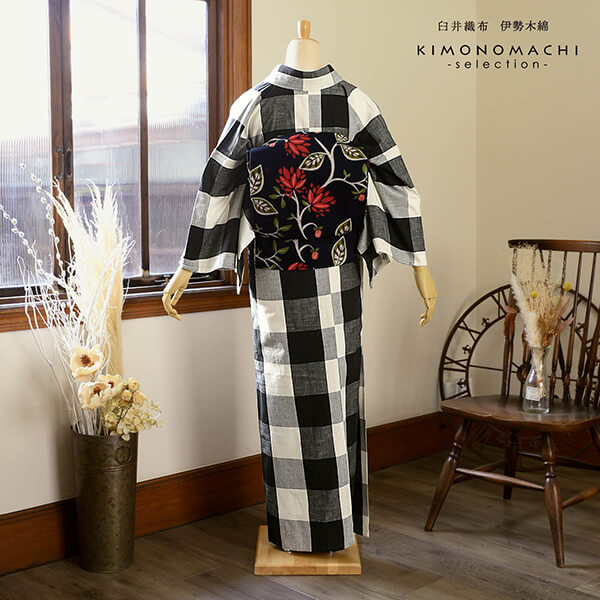 伊勢木綿 洗える着物 単品「重ね格子黒×白」お仕立て上がり 木綿きもの 日本製 三重県 伝統工芸品 単衣 綿 カジュアル チェック 小紋 レディース キモノ kimono【メール便不可】