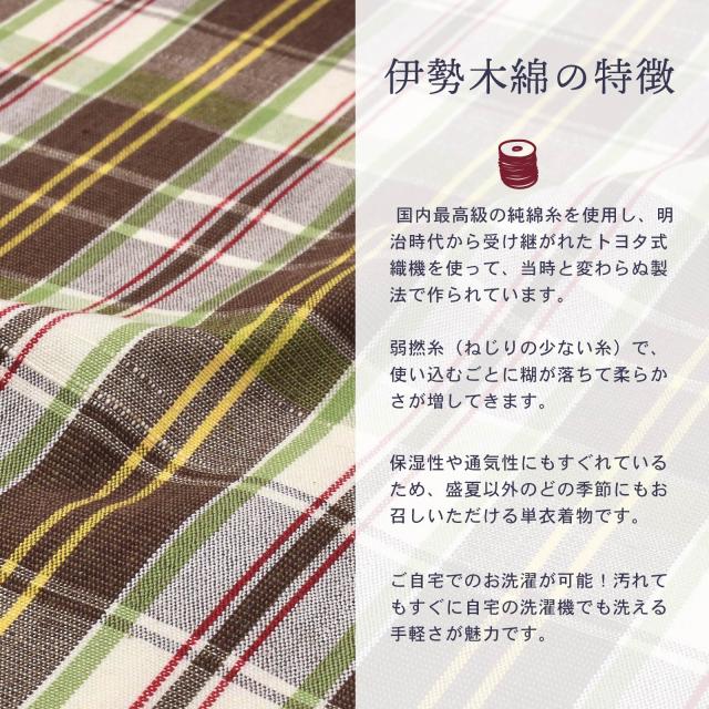 伊勢木綿 洗える着物 反物 レディース「重ね格子　媚茶×白×黄緑」未仕立て 木綿きもの 日本製 三重県 伝統工芸品 単衣 綿 カジュアル 小紋 レディース【メール便不可】