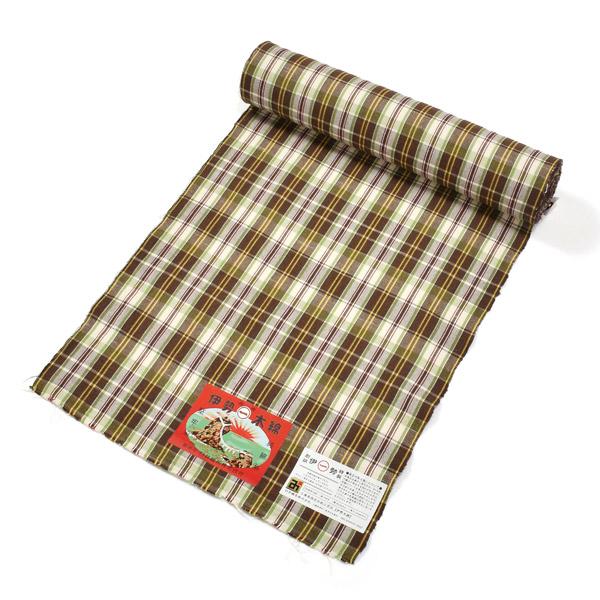 伊勢木綿 洗える着物 反物 レディース「重ね格子　媚茶×白×黄緑」未仕立て 木綿きもの 日本製 三重県 伝統工芸品 単衣 綿 カジュアル 小紋 レディース【メール便不可】