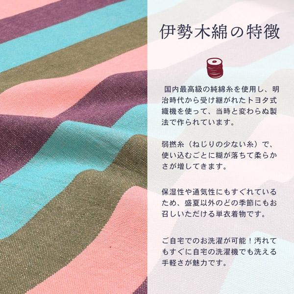 伊勢木綿 洗える着物 反物 レディース「縦縞　利休×浅葱×紫×桃色」未仕立て 木綿きもの 日本製 三重県 伝統工芸品 単衣 綿 カジュアル 小紋 レディース【メール便不可】