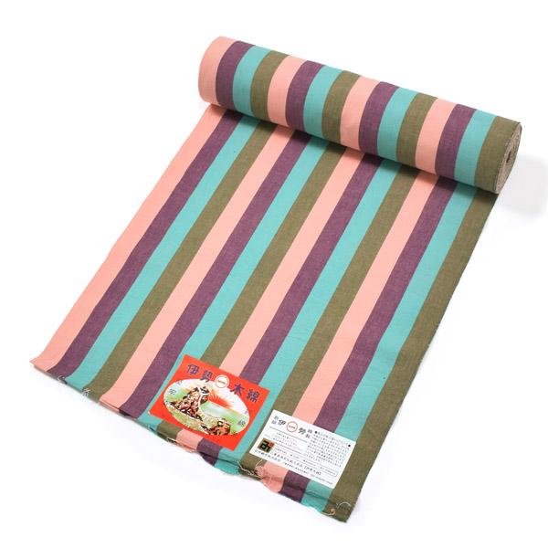 伊勢木綿 洗える着物 反物 レディース「縦縞　利休×浅葱×紫×桃色」未仕立て 木綿きもの 日本製 三重県 伝統工芸品 単衣 綿 カジュアル 小紋 レディース【メール便不可】