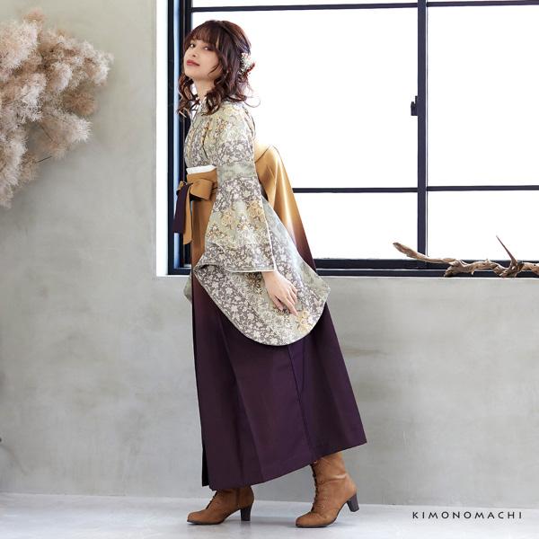 袴 セット 卒業式 女性 4点セット「二尺袖：縞更紗 利休＋袴：金茶×滅紫 ぼかし＋袴下帯：白 麻の葉＋襦袢」卒業式 女性 レディース お仕立て上がり 袴セット 二尺袖着物セット 着物 二尺着物 袴【メール便不可】