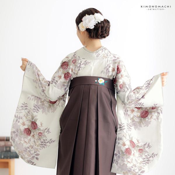 袴 セット 卒業式 女性 4点セット「二尺袖：ブーケ　オフホワイト＋袴：アンティークブラウン　椿の刺繍＋袴下帯：白 麻の葉＋襦袢」卒業式 女性 レディース お仕立て上がり 袴セット 二尺袖着物セット 着物 二尺着物 袴【メール便不可】