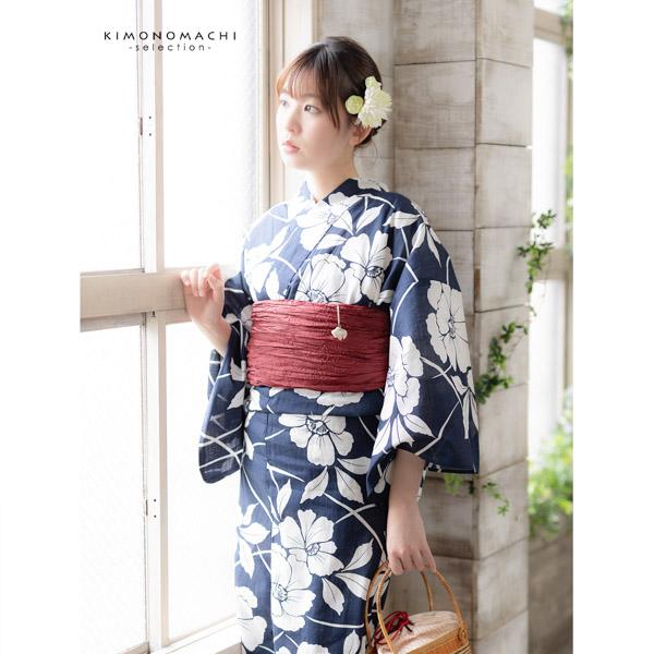 浴衣 レディース 女性浴衣単品 「紺　芙蓉の花」Fサイズ 綿浴衣