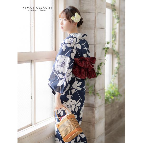 浴衣 レディース 女性浴衣単品 「紺　芙蓉の花」Fサイズ 綿浴衣