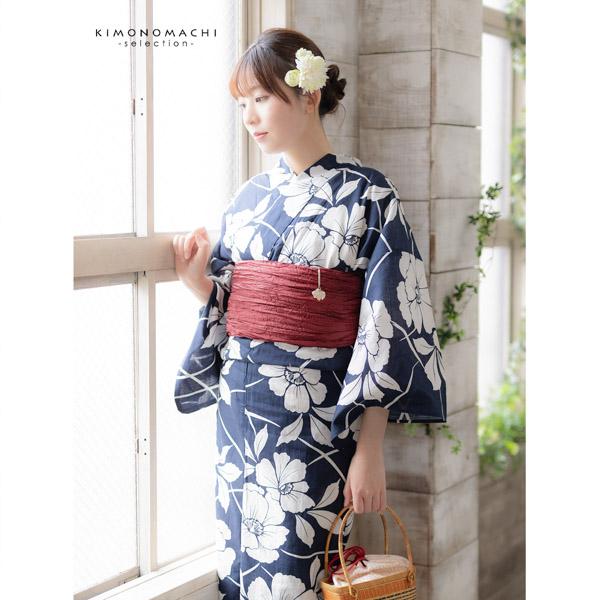 浴衣 レディース 女性浴衣単品 「紺　芙蓉の花」Fサイズ 綿浴衣