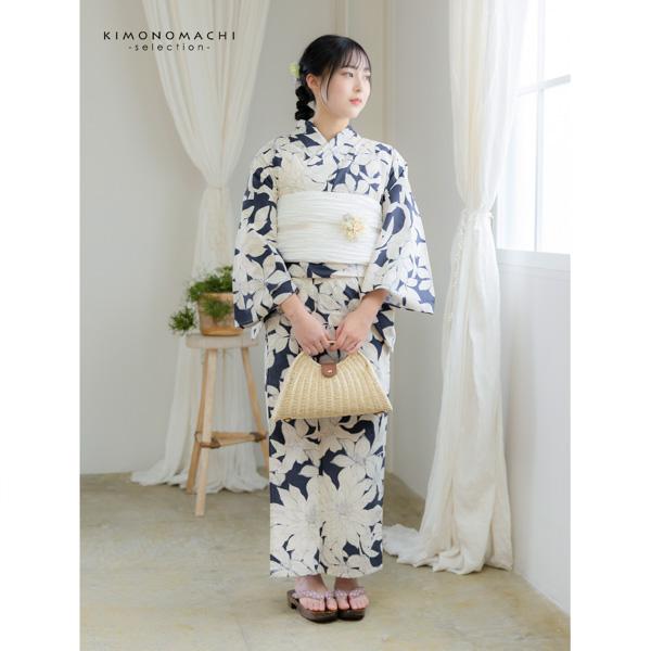 浴衣 レディース 女性浴衣単品 「紺　百合」Fサイズ 綿浴衣