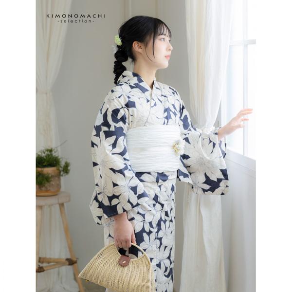 浴衣 レディース 女性浴衣単品 「紺　百合」Fサイズ 綿浴衣